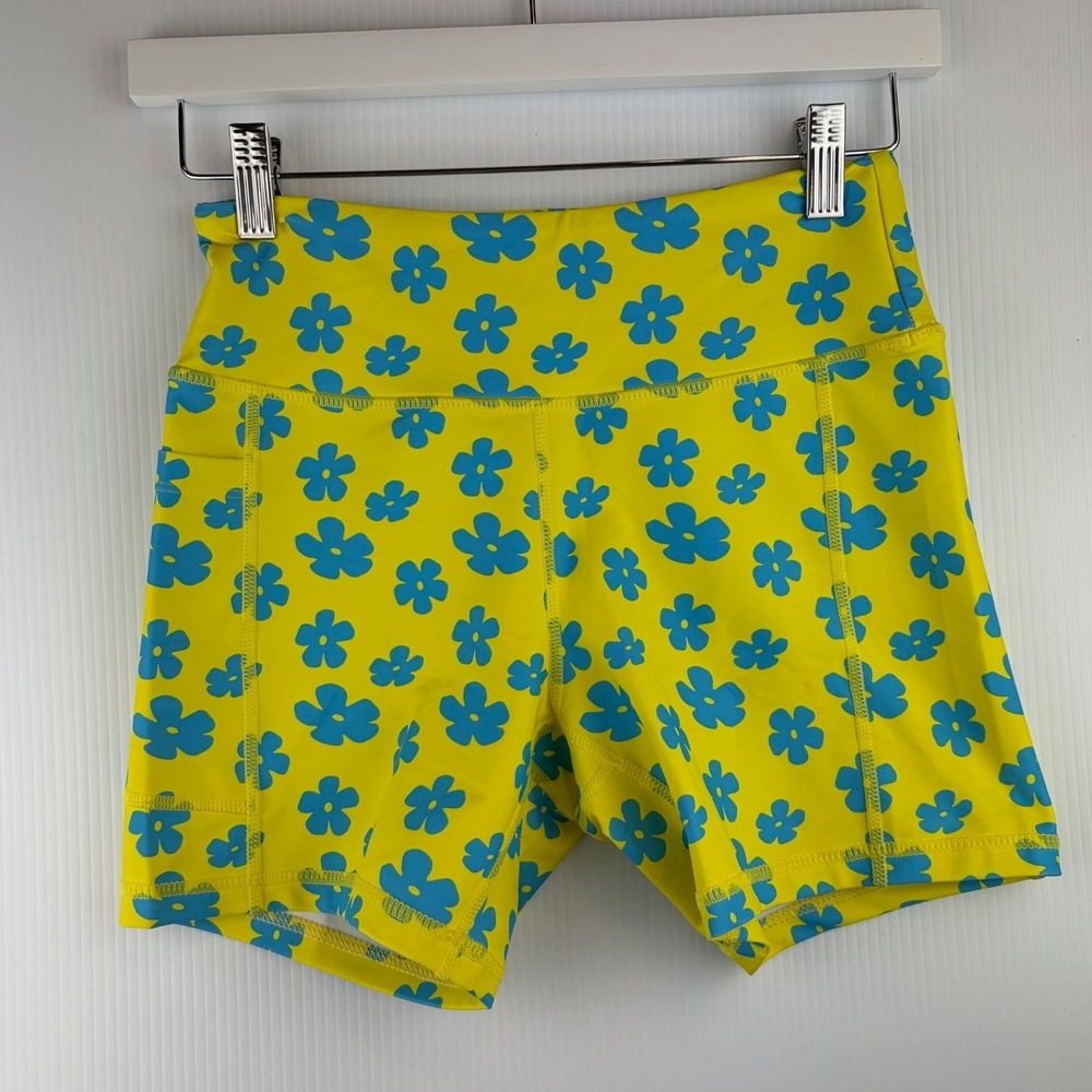 Voxy Shorts S Yellow Blue Floral Biker High Waisted Retro Fun Gym Spandex Pocket - Picture 4 of 8